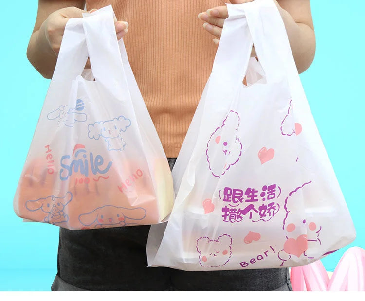100Pcs Anime Hello Kitty Cinnamoroll Doggie Bag Cute Cartoon Printing Portable Plastic Storage Tote Bag For Girls My Store