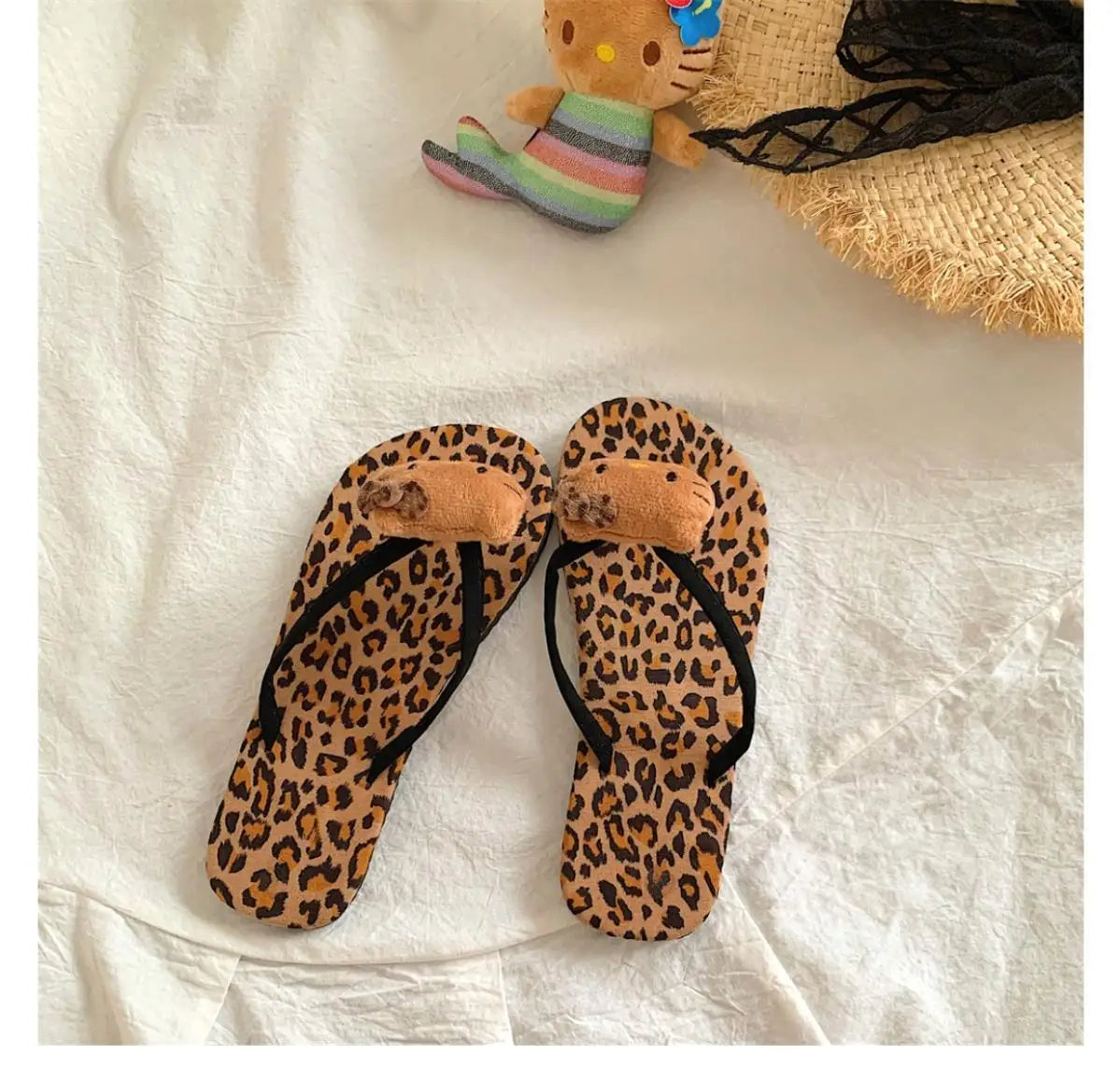 Hello Kitty Flip Flops Cartoon Cute Fashion Summer Women's Rubber Leopard Print Flip Flops Indoor Outdoor Beach Flat Flip Flops My Store