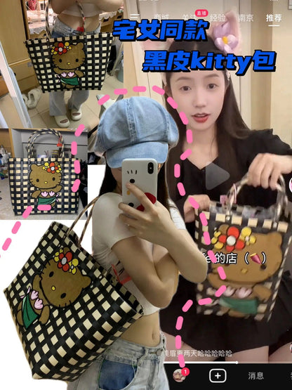 New Hello Kitty Handheld Woven Bag Fashion High Quality Girls' Beach Bag Cartoon Large Capacity Multifunctional Women's Handbag My Store