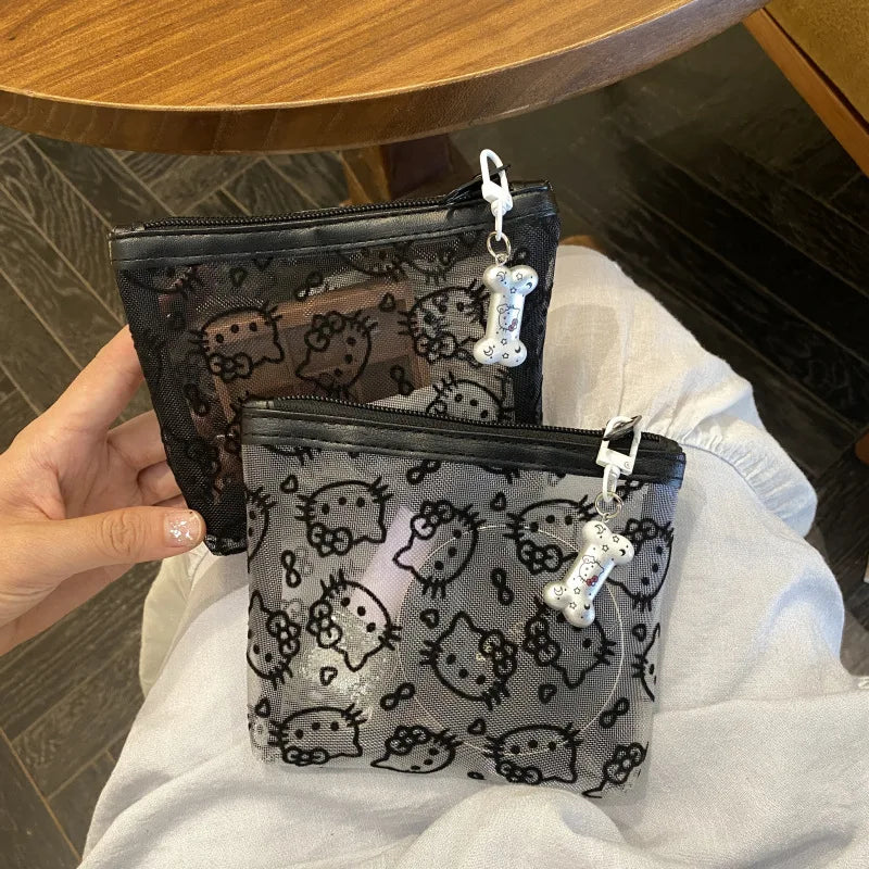 Kawaii Lace Hello Kitty Cosmetic Bag Cute Vintage Coin Purse Black Mesh Storage Bag Portable Makeup Bag Gift My Store