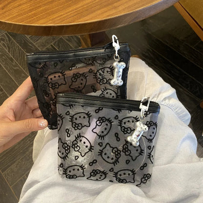 Kawaii Lace Hello Kitty Cosmetic Bag Cute Vintage Coin Purse Black Mesh Storage Bag Portable Makeup Bag Gift My Store