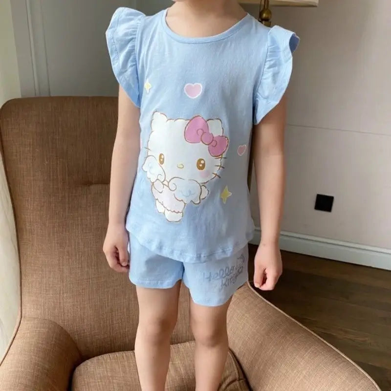 Sanrio Hello Kitty Summer new trendy girls cartoon 2PC fashion short-sleeved T-Shirt home clothes sweet suit children's clothing My Store