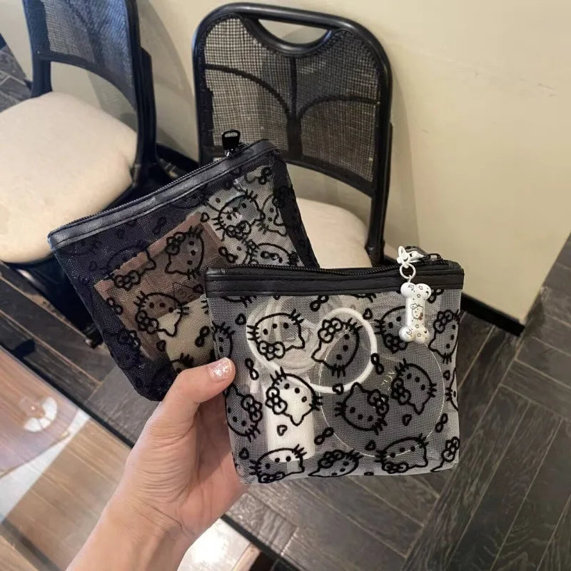 Kawaii Lace Hello Kitty Cosmetic Bag Cute Vintage Coin Purse Black Mesh Storage Bag Portable Makeup Bag Gift My Store