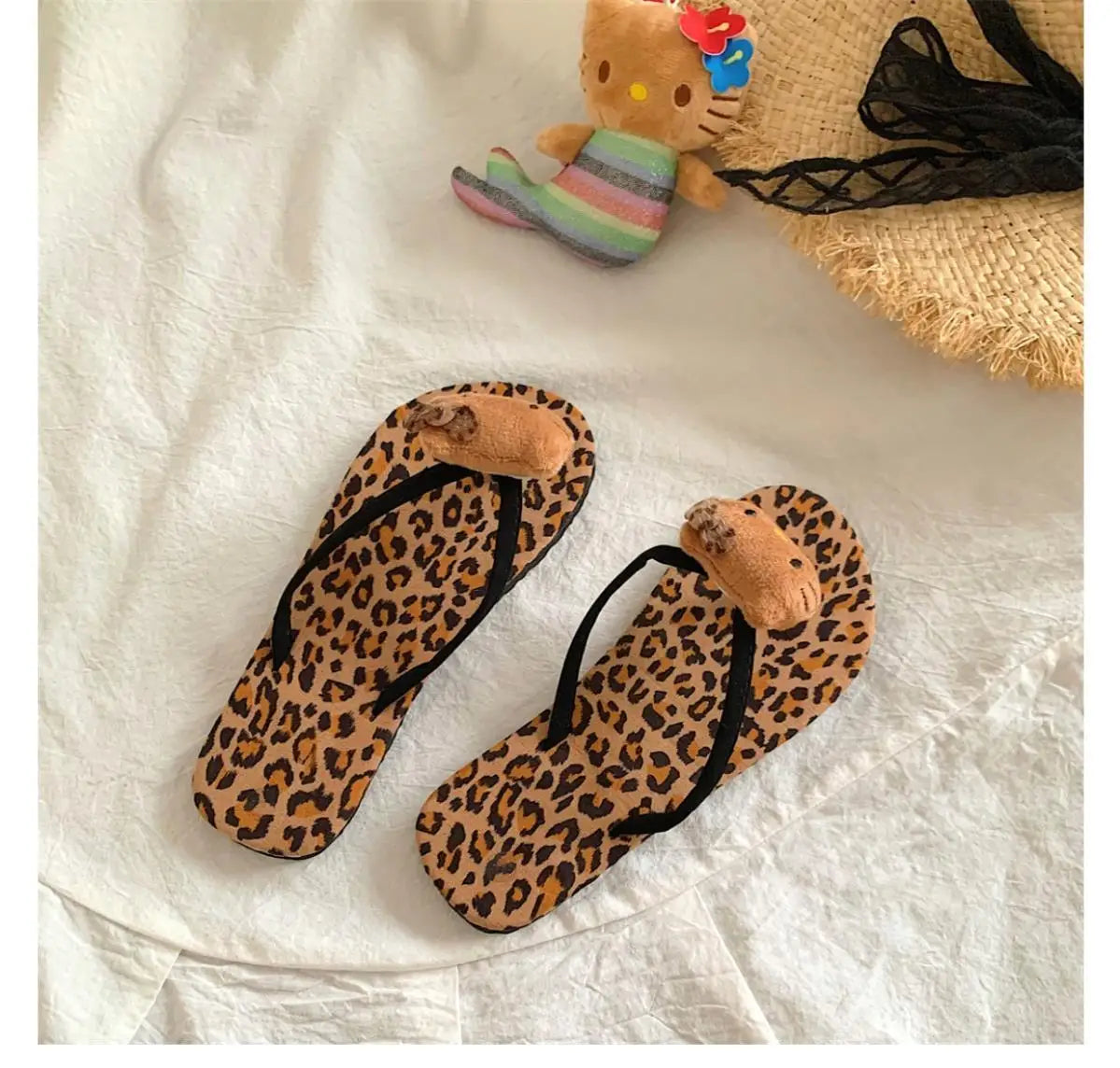 Hello Kitty Flip Flops Cartoon Cute Fashion Summer Women's Rubber Leopard Print Flip Flops Indoor Outdoor Beach Flat Flip Flops My Store