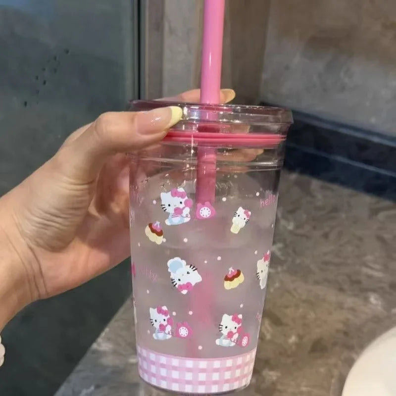 Hello Kitty Pink Straw Cup with Lid Plastic Student Portable Cup KT Cat Large-Capacity Transparent Plastic Water Cup Girl Gift My Store