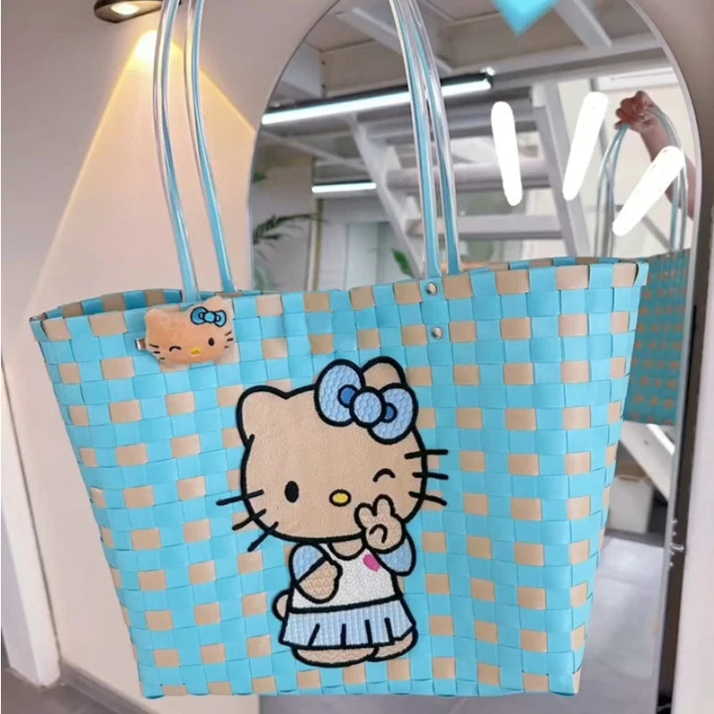 New Hello Kitty Handheld Woven Bag Fashion High Quality Girls' Beach Bag Cartoon Large Capacity Multifunctional Women's Handbag My Store