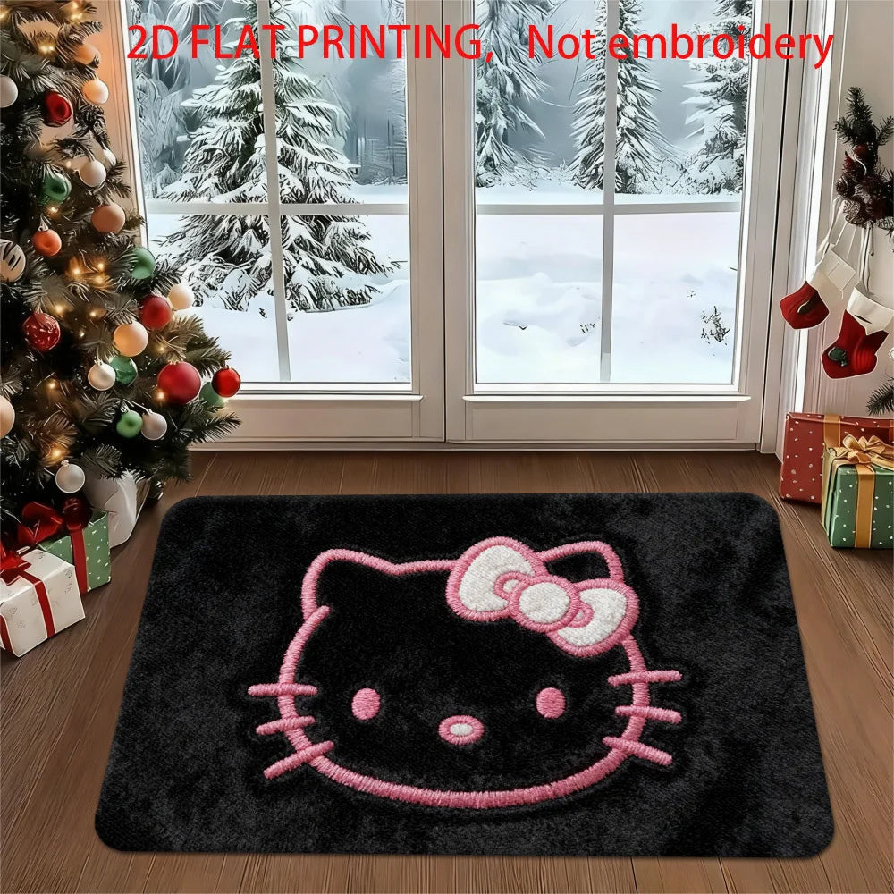 Hello Kitty Kawaii Doormat 2D Flat Print Black Pink Bow Pattern Non-Slip Absorbent Floor Mat for Christmas Entryway Home Decor My Store