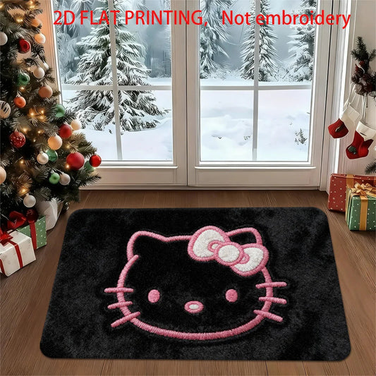 Hello Kitty Kawaii Doormat 2D Flat Print Black Pink Bow Pattern Non-Slip Absorbent Floor Mat for Christmas Entryway Home Decor My Store