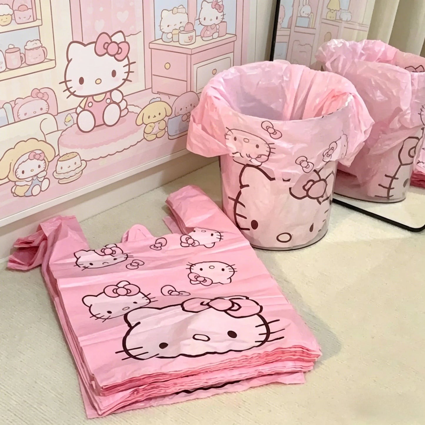 Cute Cartoon Kawaii Hello Kitty Cat Pattern Portable Bin Bag Vest Bag Plastic Bag Pink Tote Bag Storage Bag Household Waste Bag My Store