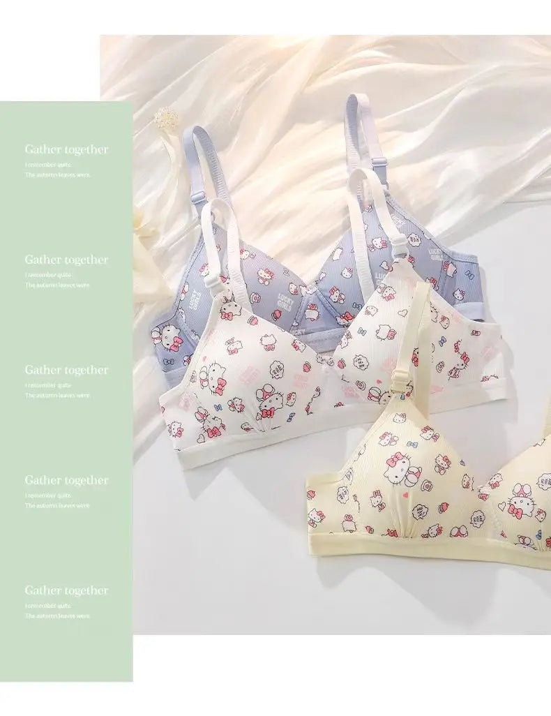 Kawaii Hello Kitty Lingerie Set Cartoon Bra Briefs Women Underwear Soft Comfortable Breathable Wireless Push Up Bra Girl Panties My Store