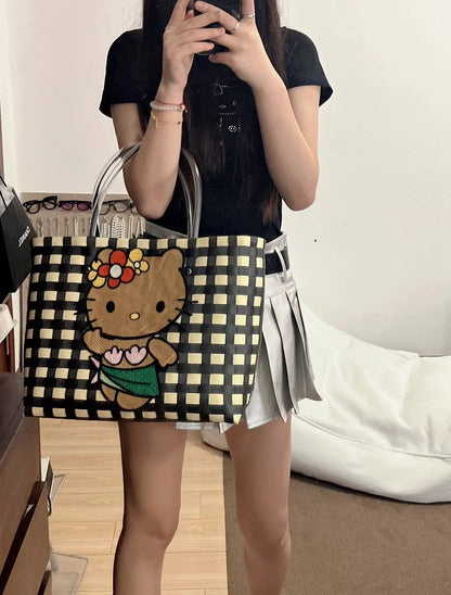 New Hello Kitty Handheld Woven Bag Fashion High Quality Girls' Beach Bag Cartoon Large Capacity Multifunctional Women's Handbag My Store