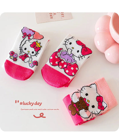 3 Pairs Spring and Summer Cartoon Anime Hello Kitty Pattern Girls Over knee Socks Cotton Comfortable and Soft Casual Girls Socks My Store