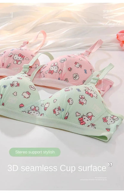 Kawaii Hello Kitty Lingerie Set Cartoon Bra Briefs Women Underwear Soft Comfortable Breathable Wireless Push Up Bra Girl Panties My Store