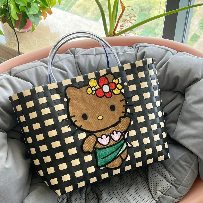 New Hello Kitty Handheld Woven Bag Fashion High Quality Girls' Beach Bag Cartoon Large Capacity Multifunctional Women's Handbag My Store