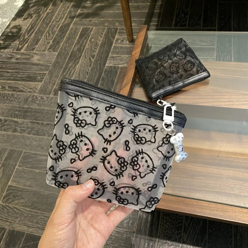 Kawaii Lace Hello Kitty Cosmetic Bag Cute Vintage Coin Purse Black Mesh Storage Bag Portable Makeup Bag Gift My Store