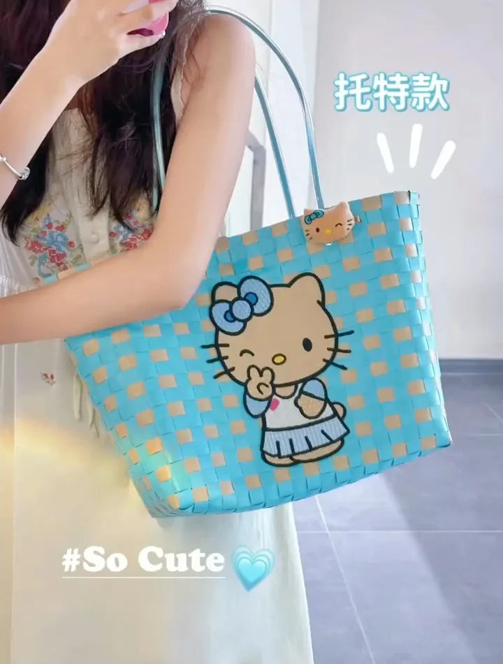 New Hello Kitty Handheld Woven Bag Fashion High Quality Girls' Beach Bag Cartoon Large Capacity Multifunctional Women's Handbag My Store