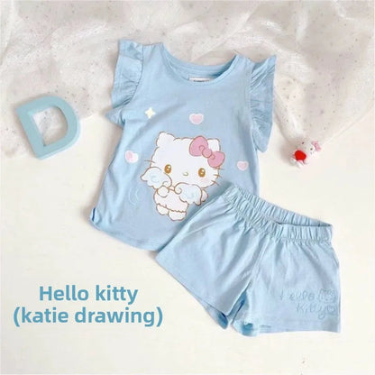 Sanrio Hello Kitty Summer new trendy girls cartoon 2PC fashion short-sleeved T-Shirt home clothes sweet suit children's clothing My Store