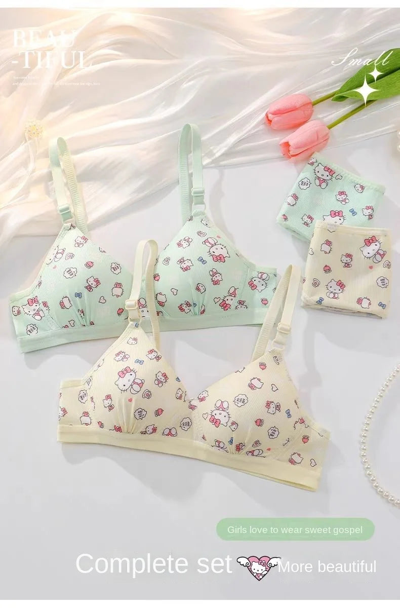 Kawaii Hello Kitty Lingerie Set Cartoon Bra Briefs Women Underwear Soft Comfortable Breathable Wireless Push Up Bra Girl Panties My Store