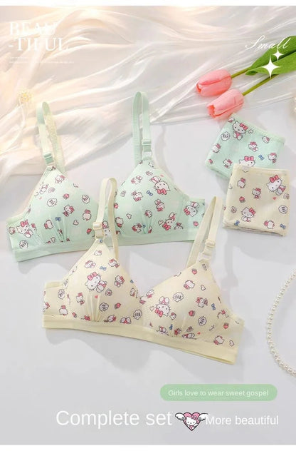 Kawaii Hello Kitty Lingerie Set Cartoon Bra Briefs Women Underwear Soft Comfortable Breathable Wireless Push Up Bra Girl Panties My Store