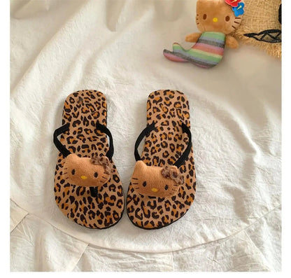 Hello Kitty Flip Flops Cartoon Cute Fashion Summer Women's Rubber Leopard Print Flip Flops Indoor Outdoor Beach Flat Flip Flops My Store
