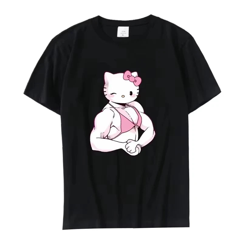 Summer Black and White Hello Kitty and Friends Pattern T-Shirt  Anime Cinnamon Roll Muscle Print Cartoon Top Cotton Short Sleeve My Store