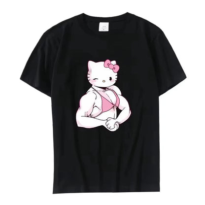 Summer Black and White Hello Kitty and Friends Pattern T-Shirt  Anime Cinnamon Roll Muscle Print Cartoon Top Cotton Short Sleeve My Store