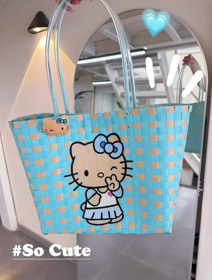 New Hello Kitty Handheld Woven Bag Fashion High Quality Girls' Beach Bag Cartoon Large Capacity Multifunctional Women's Handbag My Store