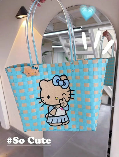 New Hello Kitty Handheld Woven Bag Fashion High Quality Girls' Beach Bag Cartoon Large Capacity Multifunctional Women's Handbag My Store