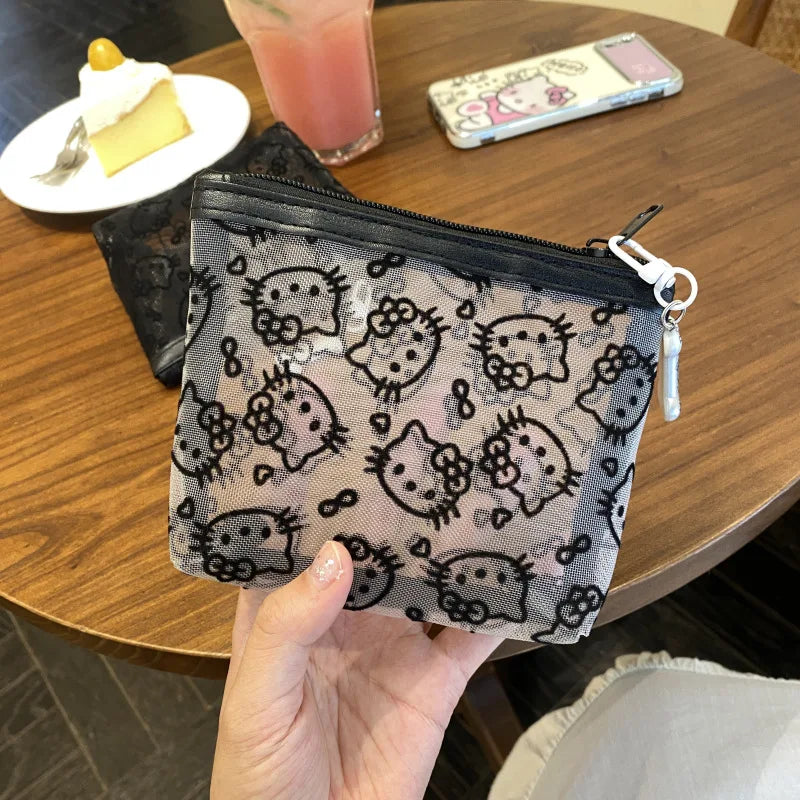 Kawaii Lace Hello Kitty Cosmetic Bag Cute Vintage Coin Purse Black Mesh Storage Bag Portable Makeup Bag Gift My Store