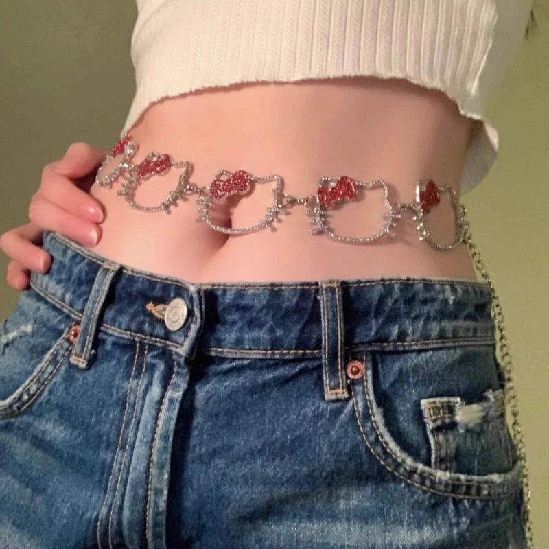 Y2K Cartoon Pattern Hello Kitty Metal Full Diamond Waist Chain Sexy Belt Sweater Chain Girls Clothing Accessories Special Gift My Store