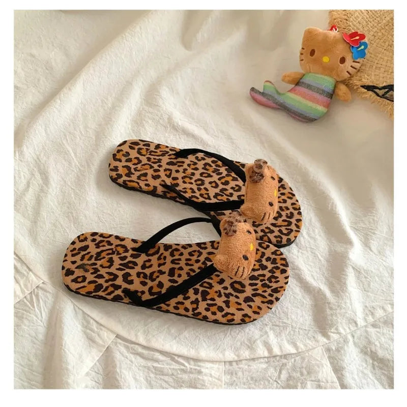 Hello Kitty Flip Flops Cartoon Cute Fashion Summer Women's Rubber Leopard Print Flip Flops Indoor Outdoor Beach Flat Flip Flops My Store