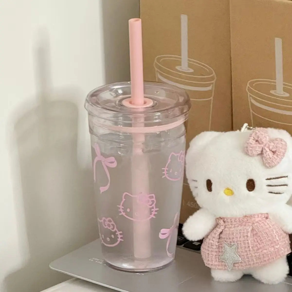 Hello Kitty Pink Straw Cup with Lid Plastic Student Portable Cup KT Cat Large-Capacity Transparent Plastic Water Cup Girl Gift My Store
