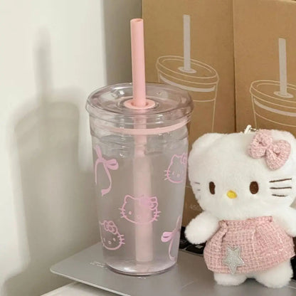 Hello Kitty Pink Straw Cup with Lid Plastic Student Portable Cup KT Cat Large-Capacity Transparent Plastic Water Cup Girl Gift My Store