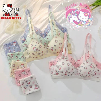 Kawaii Hello Kitty Lingerie Set Cartoon Bra Briefs Women Underwear Soft Comfortable Breathable Wireless Push Up Bra Girl Panties My Store