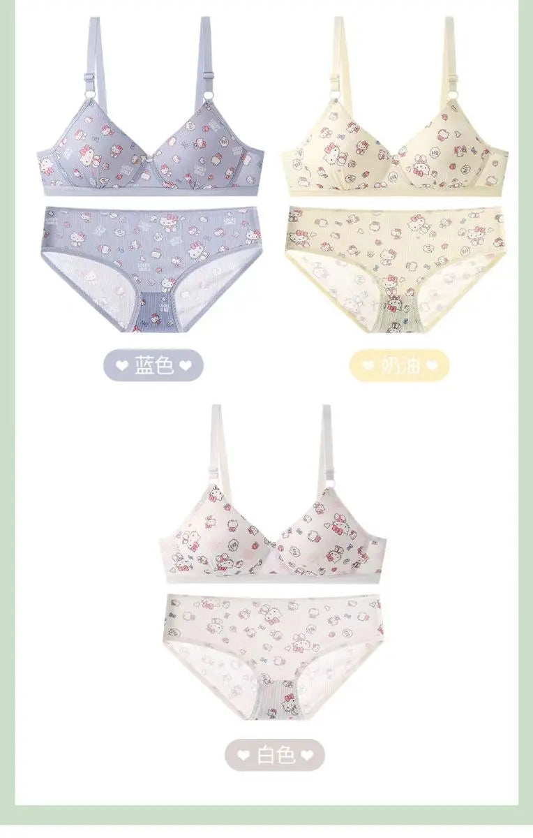 Kawaii Hello Kitty Lingerie Set Cartoon Bra Briefs Women Underwear Soft Comfortable Breathable Wireless Push Up Bra Girl Panties My Store