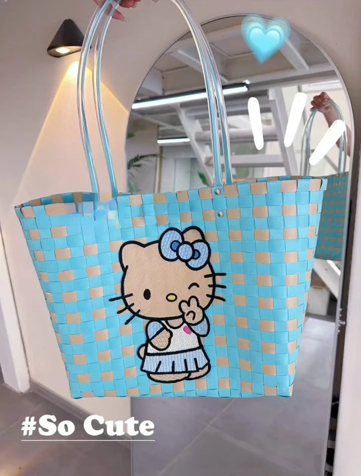 New Hello Kitty Handheld Woven Bag Fashion High Quality Girls' Beach Bag Cartoon Large Capacity Multifunctional Women's Handbag My Store
