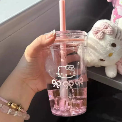 Hello Kitty Pink Straw Cup with Lid Plastic Student Portable Cup KT Cat Large-Capacity Transparent Plastic Water Cup Girl Gift My Store