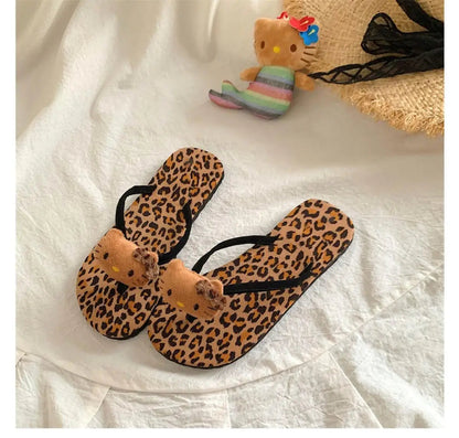 Hello Kitty Flip Flops Cartoon Cute Fashion Summer Women's Rubber Leopard Print Flip Flops Indoor Outdoor Beach Flat Flip Flops My Store