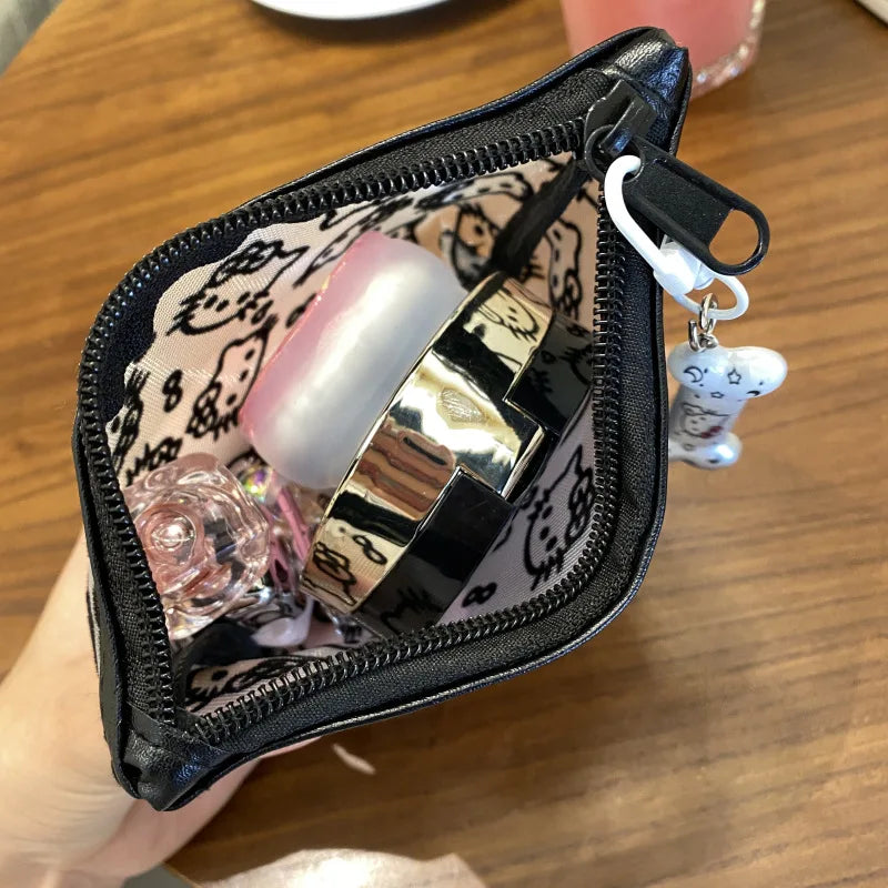 Kawaii Lace Hello Kitty Cosmetic Bag Cute Vintage Coin Purse Black Mesh Storage Bag Portable Makeup Bag Gift My Store