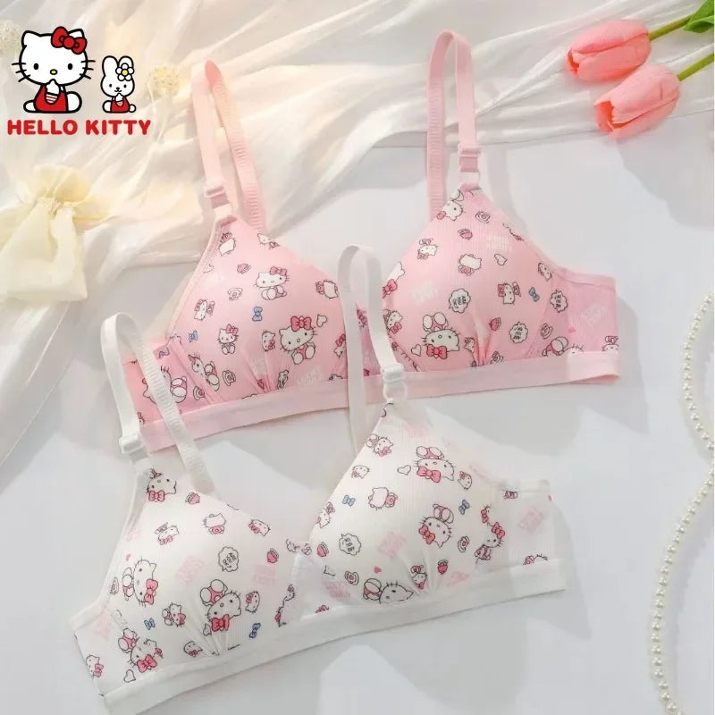 Kawaii Hello Kitty Lingerie Set Cartoon Bra Briefs Women Underwear Soft Comfortable Breathable Wireless Push Up Bra Girl Panties My Store