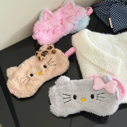 Plush Cartoon Cat Cute Sleep Kt Kuromi Mask Light Blocking Eye Protection For Girls Soft Fluffy Sleeping Travel Napping Eye Mask My Store