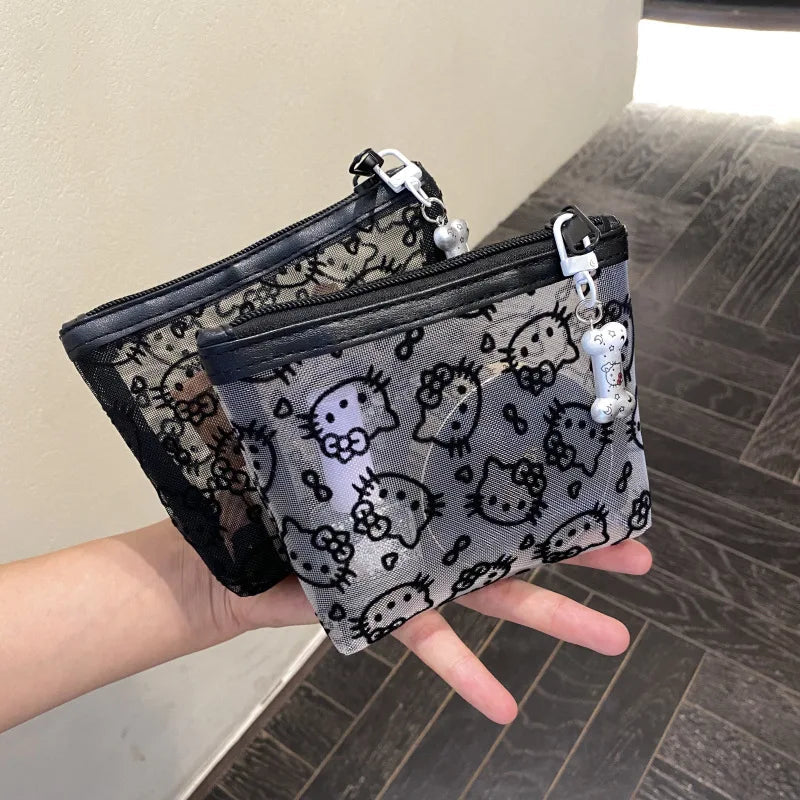 Kawaii Lace Hello Kitty Cosmetic Bag Cute Vintage Coin Purse Black Mesh Storage Bag Portable Makeup Bag Gift My Store
