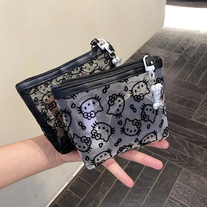Kawaii Lace Hello Kitty Cosmetic Bag Cute Vintage Coin Purse Black Mesh Storage Bag Portable Makeup Bag Gift My Store