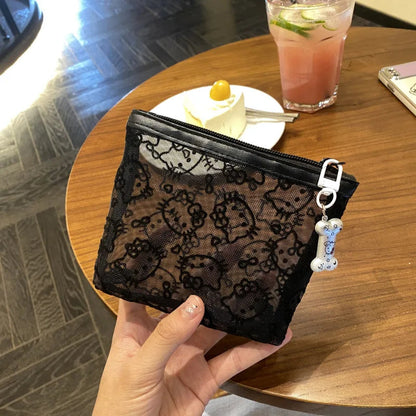 Kawaii Lace Hello Kitty Cosmetic Bag Cute Vintage Coin Purse Black Mesh Storage Bag Portable Makeup Bag Gift My Store