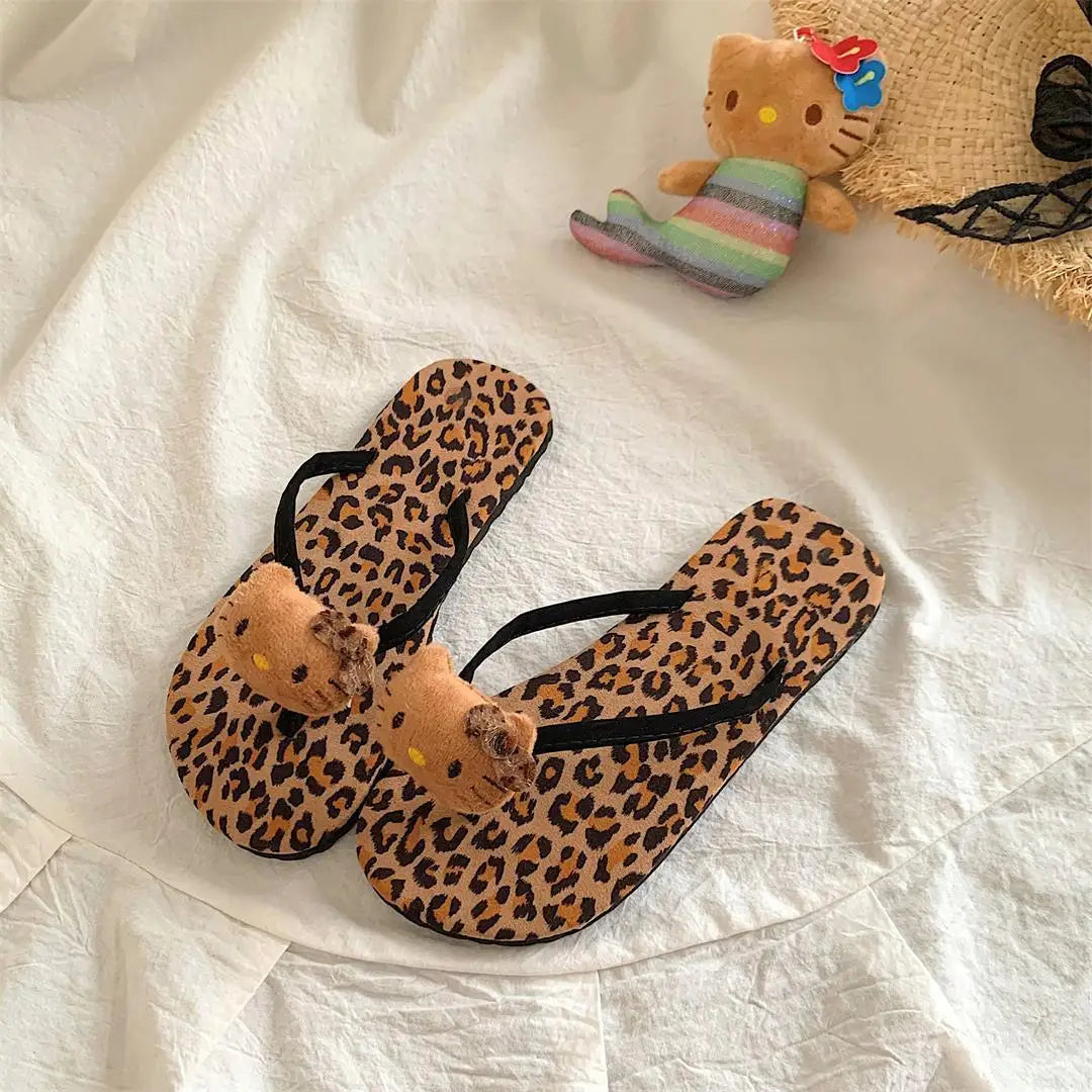 Hello Kitty Flip Flops Cartoon Cute Fashion Summer Women's Rubber Leopard Print Flip Flops Indoor Outdoor Beach Flat Flip Flops My Store