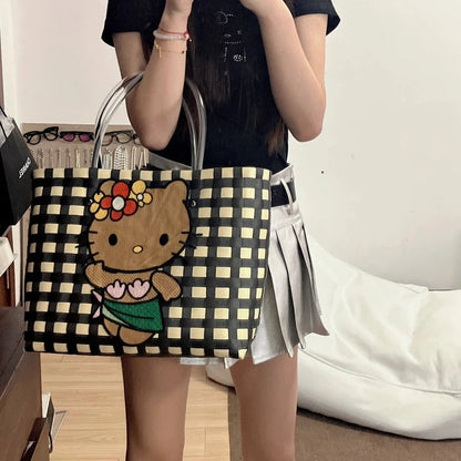 New Hello Kitty Handheld Woven Bag Fashion High Quality Girls' Beach Bag Cartoon Large Capacity Multifunctional Women's Handbag My Store