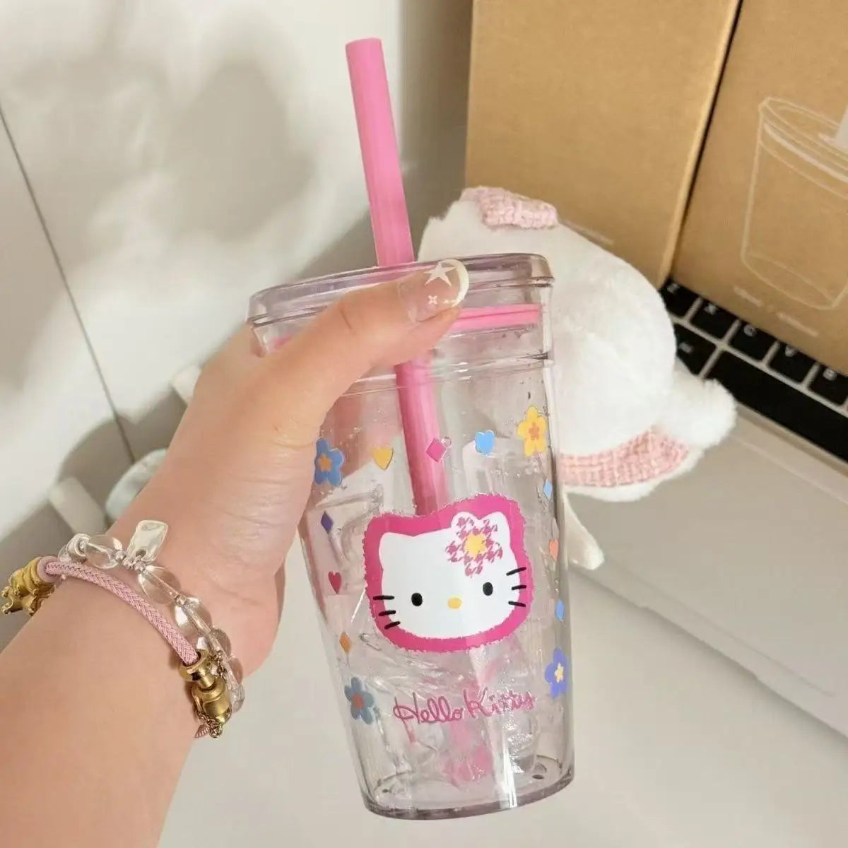 Hello Kitty Pink Straw Cup with Lid Plastic Student Portable Cup KT Cat Large-Capacity Transparent Plastic Water Cup Girl Gift My Store