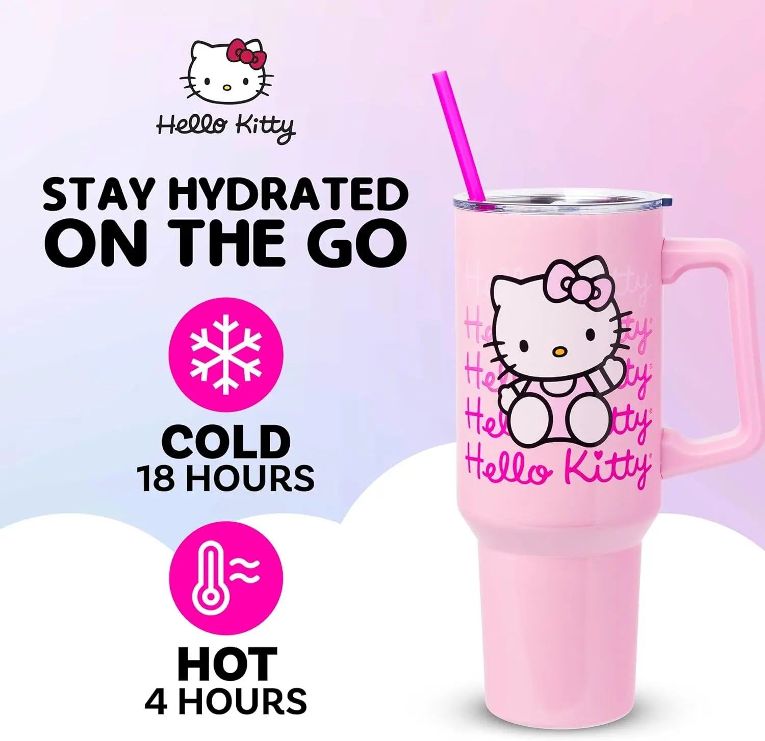 Silver Buffalo Sanrio Hello Kitty Waving Double Walled Stainless Steel Tumbler with Handle and Straw, Fits in Standard Cup Holder, 40 Ounces My Store