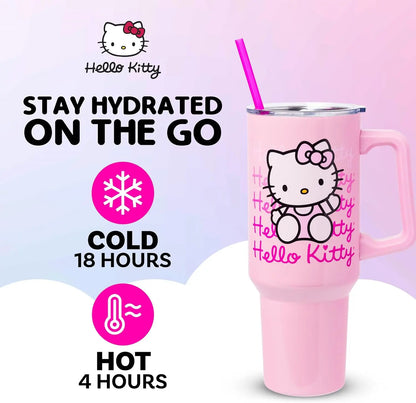 Silver Buffalo Sanrio Hello Kitty Waving Double Walled Stainless Steel Tumbler with Handle and Straw, Fits in Standard Cup Holder, 40 Ounces My Store