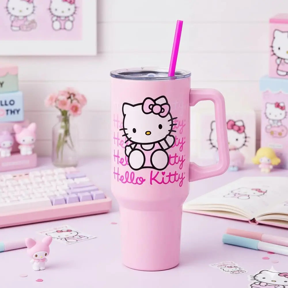 Silver Buffalo Sanrio Hello Kitty Waving Double Walled Stainless Steel Tumbler with Handle and Straw, Fits in Standard Cup Holder, 40 Ounces My Store